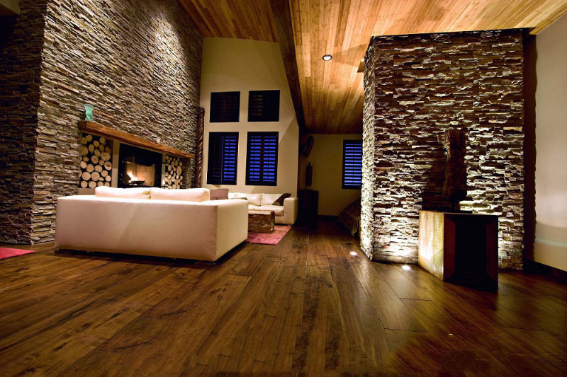 natural living room design with exposed stone wall دکوراسیون با سنگ آنتیک و دکوراتیو